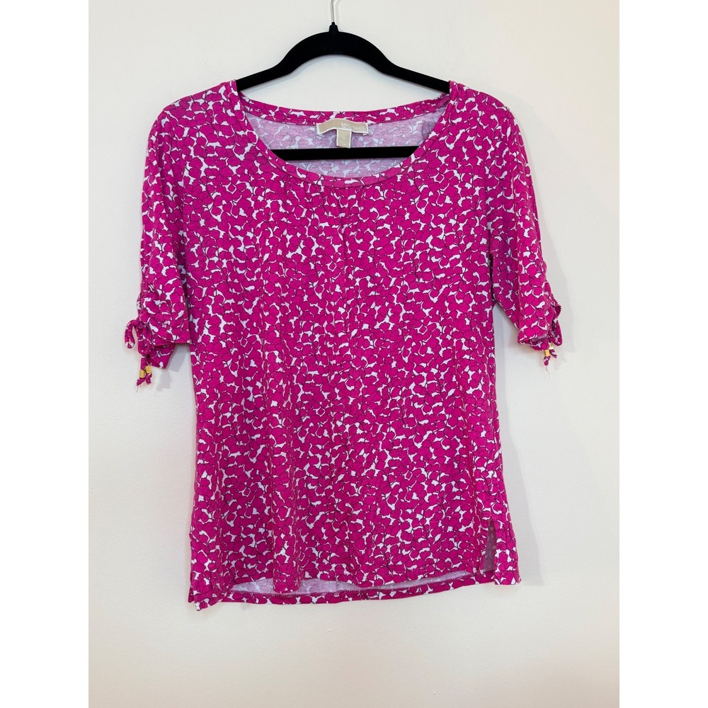 Michael Michael Kors Pink Floral Petal Print Tie Sleeve Top Medium